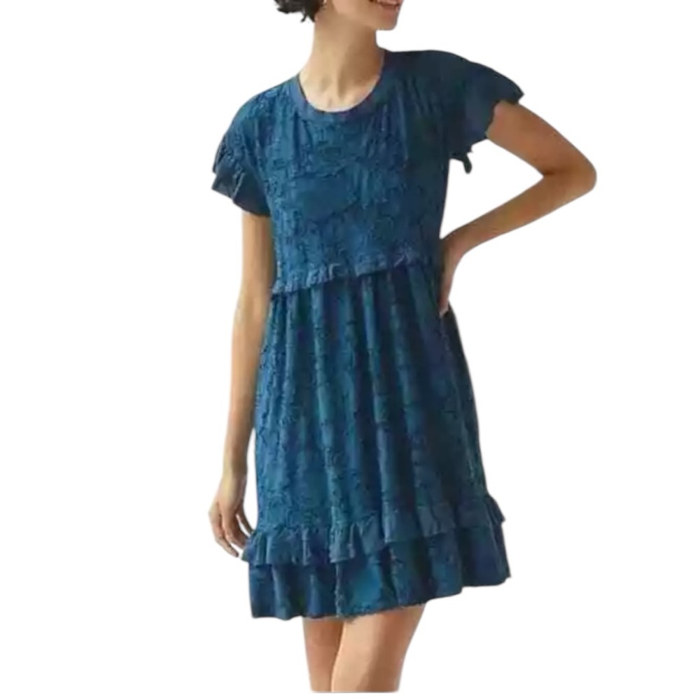 Anthropologie Teal Blue Textured Mini Dress with Ruffle Hem & Open Back Size XS